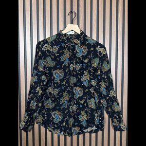 Vintage Caroll Paris Blouse 2 / US Medium Black Paisley Long Sleeve Button Shirt